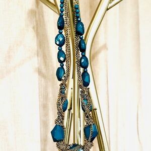 Green/blueLayered Beaded Necklace with Metallic Chain 19 inches long.